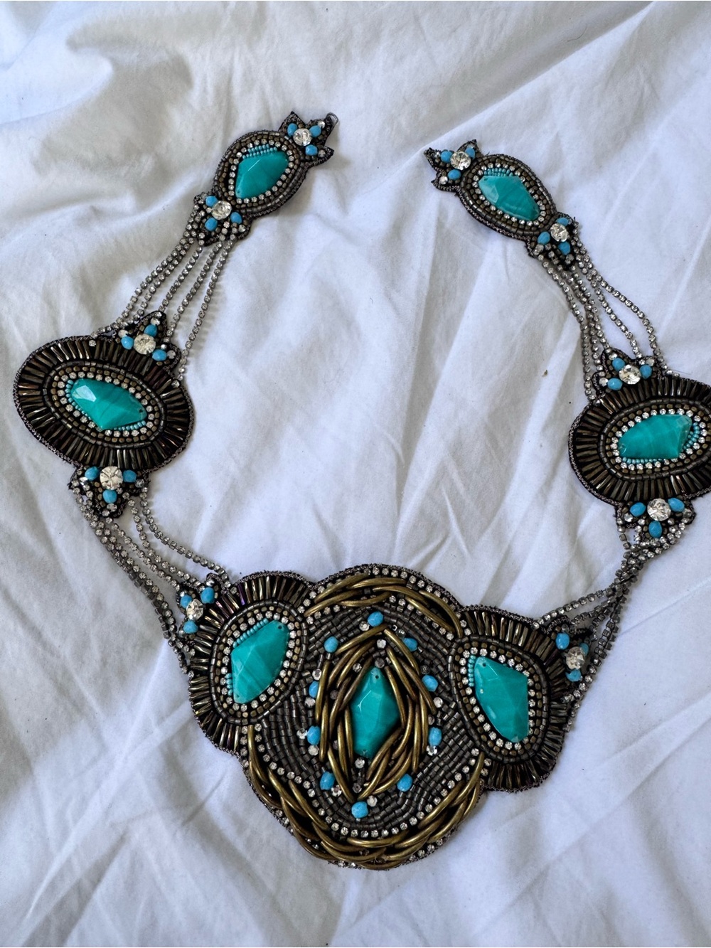 Turquoise leather Bibb statement necklace